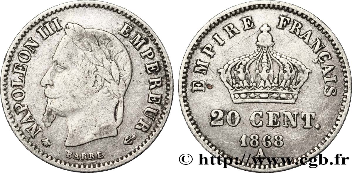 20 centimes Napoléon III, tête laurée, grand module 1868 Paris F.150/4 TB25 