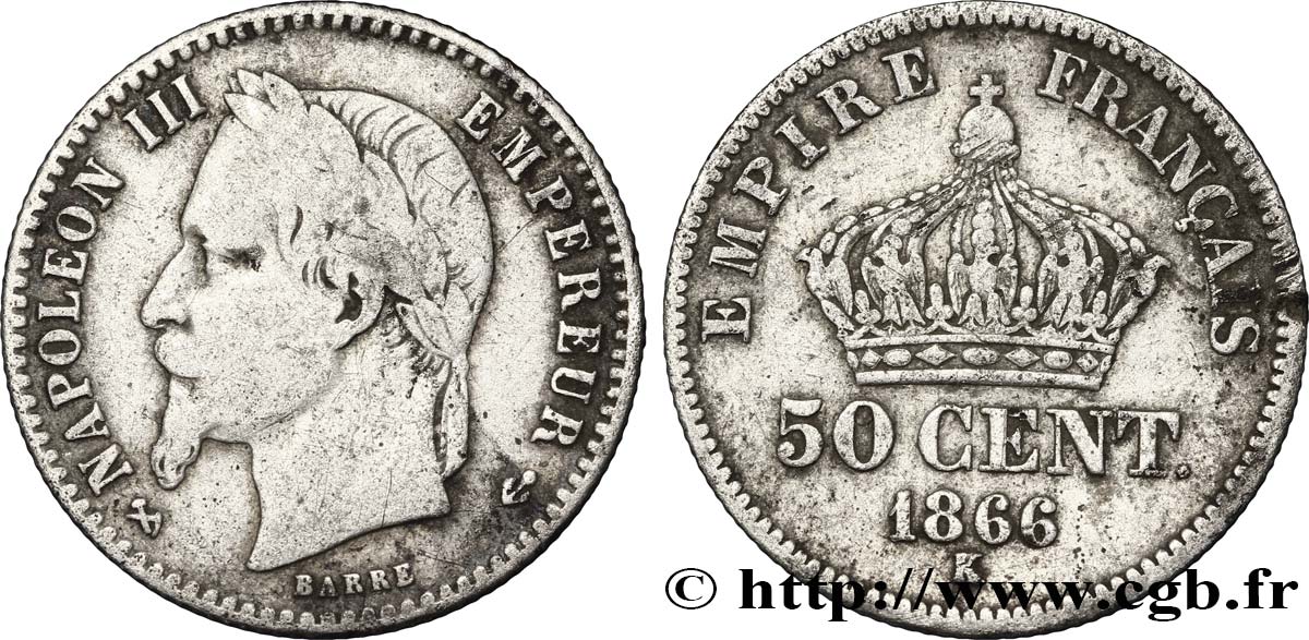 50 centimes Napoléon III, tête laurée 1866 Bordeaux F.188/11 MB20 