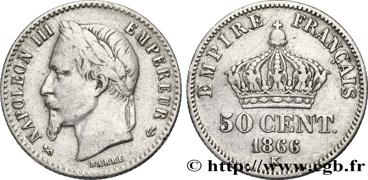 50 centimes Napoléon III, tête laurée 1866 Bordeaux F.188/11 BC20 