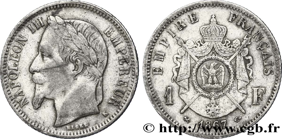 1 franc Napoléon III, tête laurée 1867 Bordeaux F.215/9 XF40 