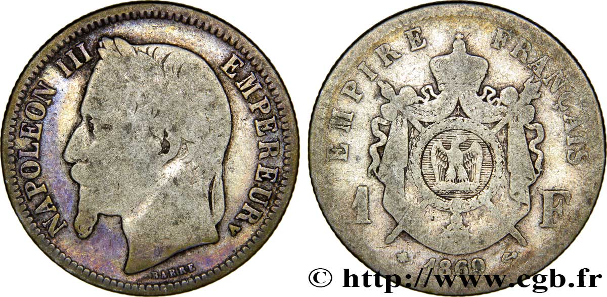 1 franc Napoléon III, tête laurée 1869 Paris F.215/14 SGE12 