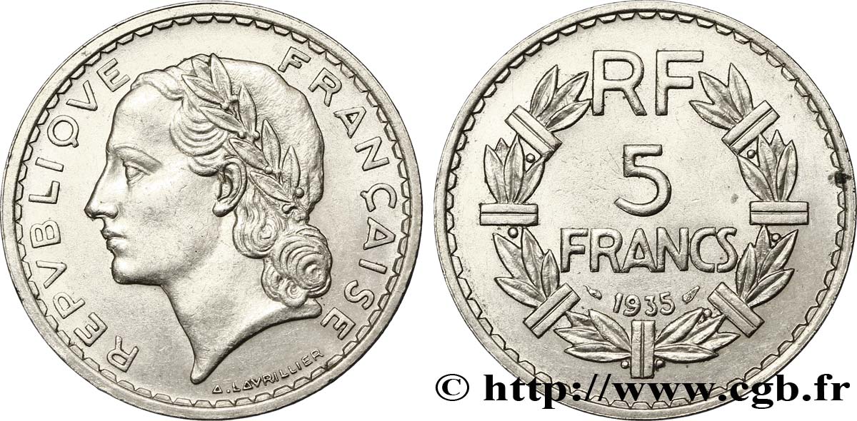 5 francs Lavrillier, nickel 1935  F.336/4 AU55 