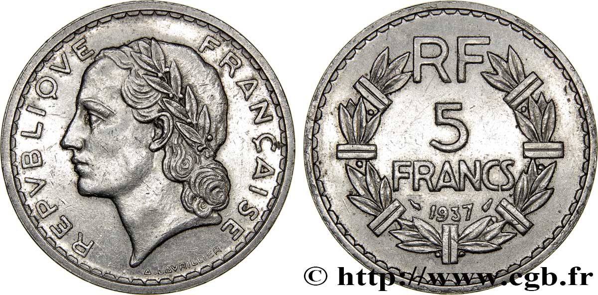 5 francs Lavrillier, nickel 1937  F.336/6 SUP55 
