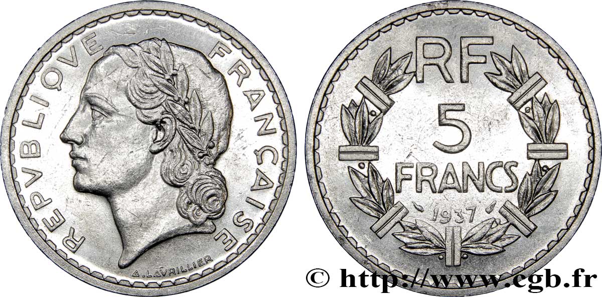 5 francs Lavrillier, nickel 1937  F.336/6 VZ55 