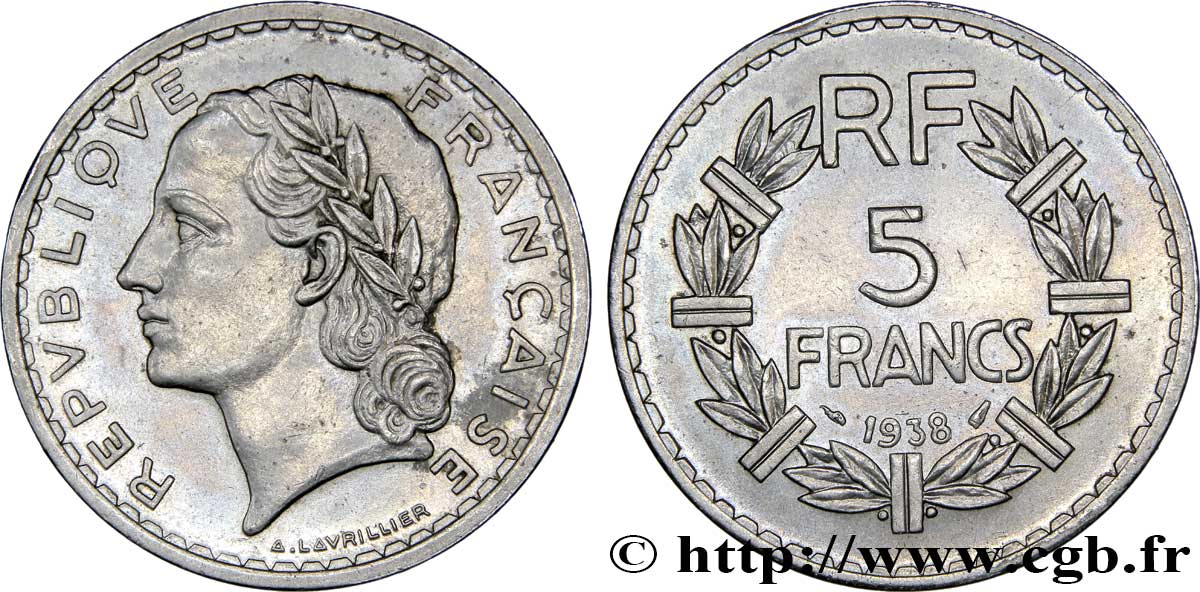 5 francs Lavrillier, nickel 1938  F.336/7 MBC50 