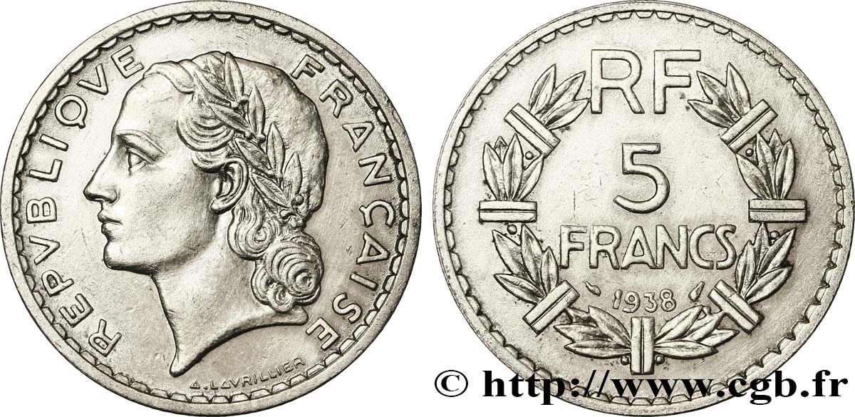 5 francs Lavrillier, nickel 1938  F.336/7 SS50 