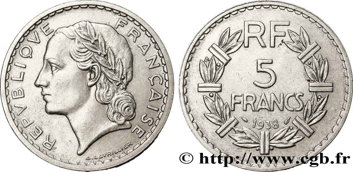 5 francs Lavrillier, nickel 1938  F.336/7 SS50 