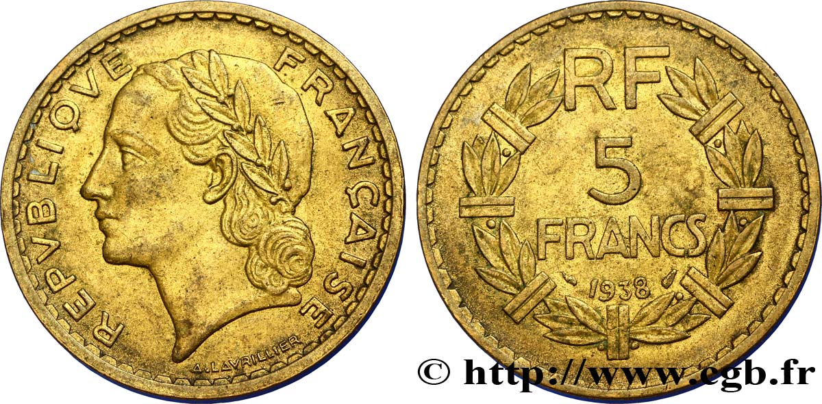 5 francs Lavrillier, bronze-aluminium 1938  F.337/1 TTB48 