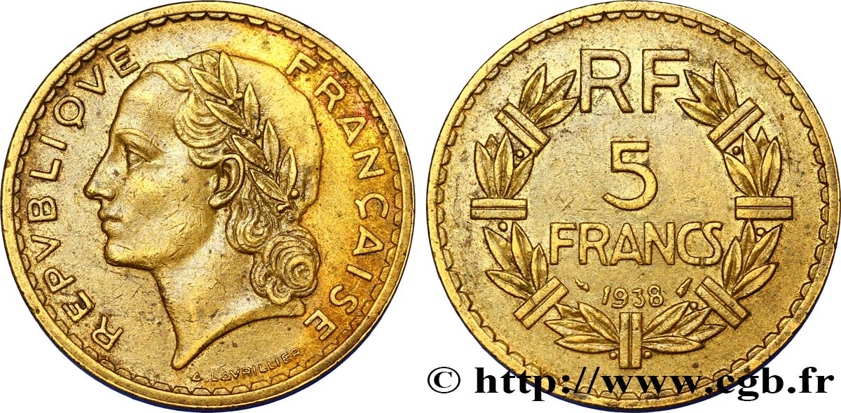 5 francs Lavrillier, bronze-aluminium 1938  F.337/1 TTB48 