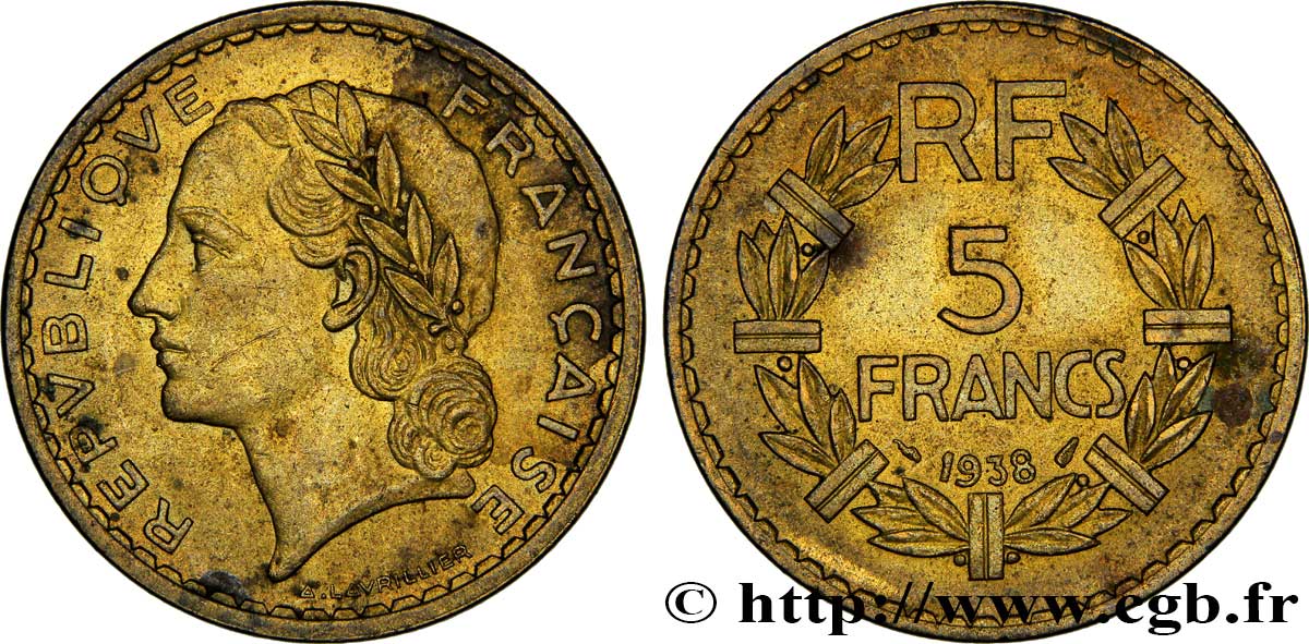 5 francs Lavrillier, bronze-aluminium 1938  F.337/1 TTB48 