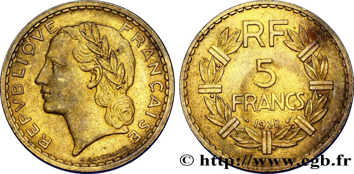 5 francs Lavrillier, bronze-aluminium 1938  F.337/1 TTB48 