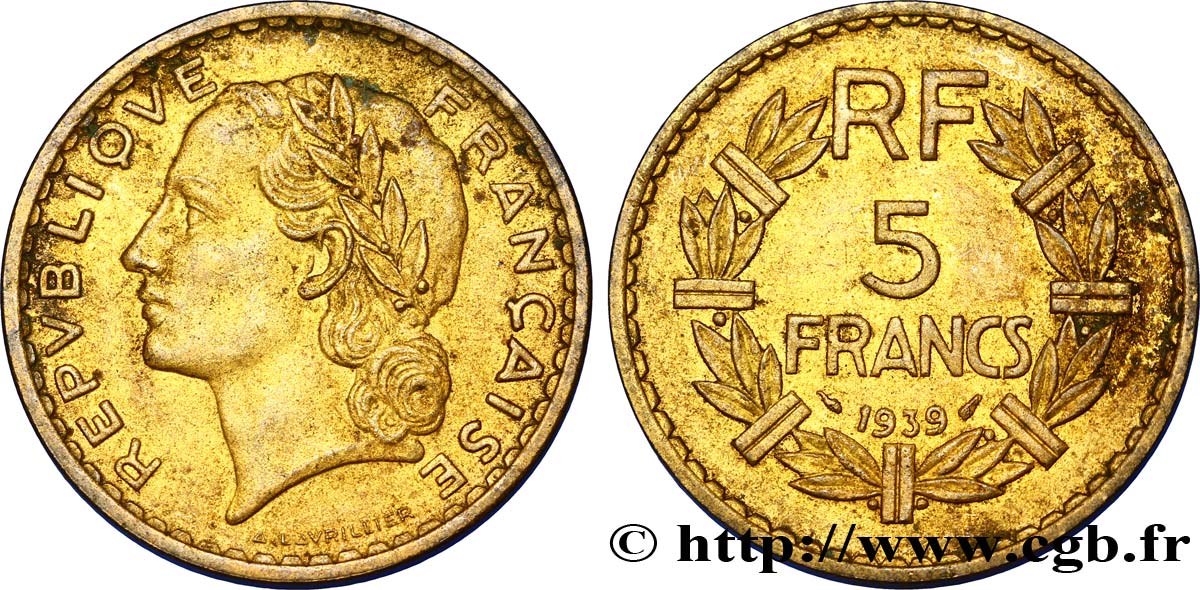 5 francs Lavrillier, bronze-aluminium 1939  F.337/3 TTB45 