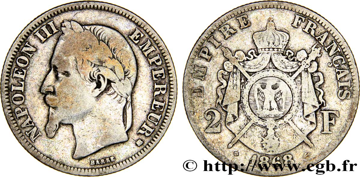 2 francs Napoléon III, tête laurée 1868 Strasbourg F.263/9 MB20 