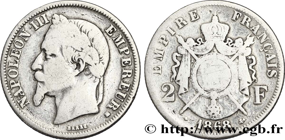 2 francs Napoléon III, tête laurée 1868 Strasbourg F.263/9 RC8 
