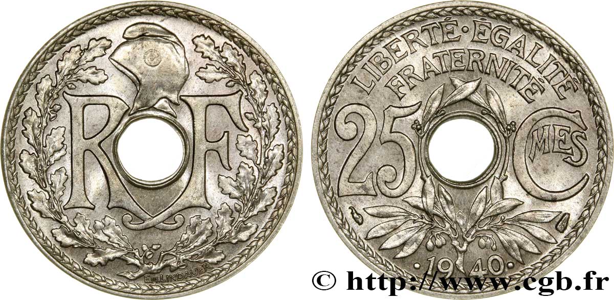25 centimes Lindauer, maillechort 1940  F.172/4 MS63 