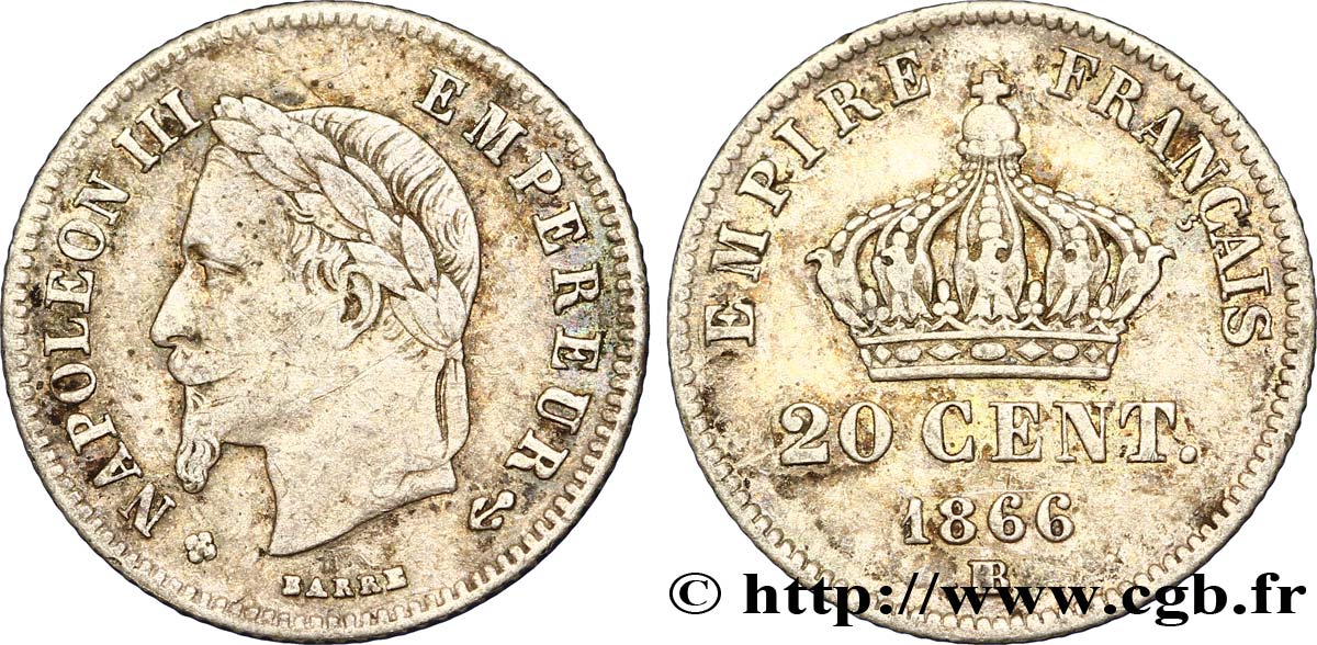 20 centimes Napoléon III, tête laurée, petit module 1866 Strasbourg F.149/5 MBC40 
