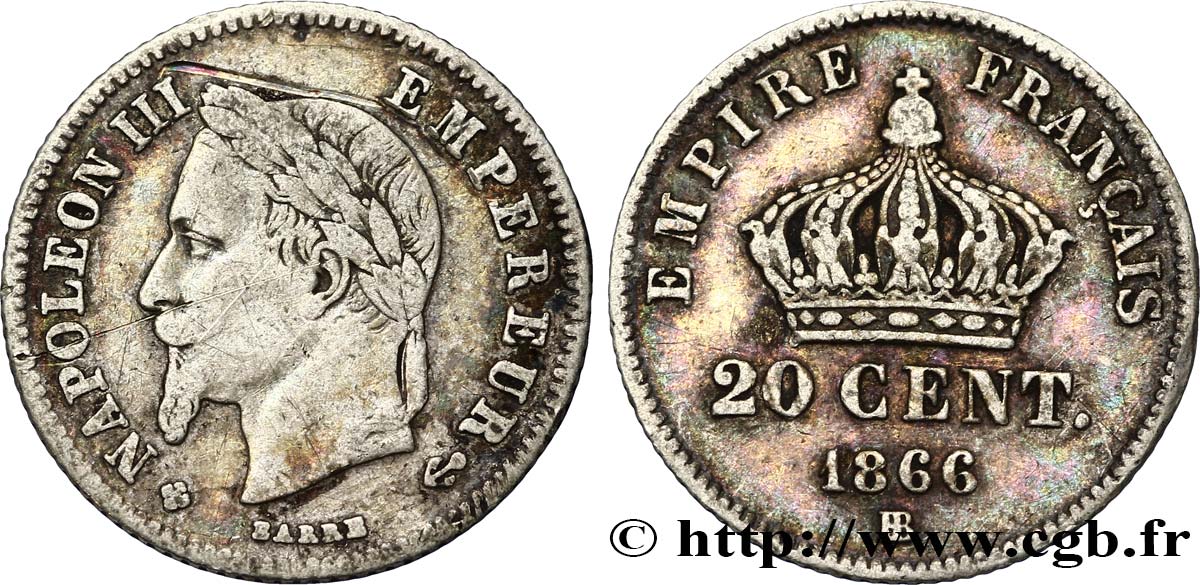 20 centimes Napoléon III, tête laurée, petit module 1866 Strasbourg F.149/5 XF40 