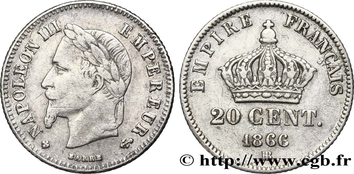 20 centimes Napoléon III, tête laurée, petit module 1866 Strasbourg F.149/5 SS40 