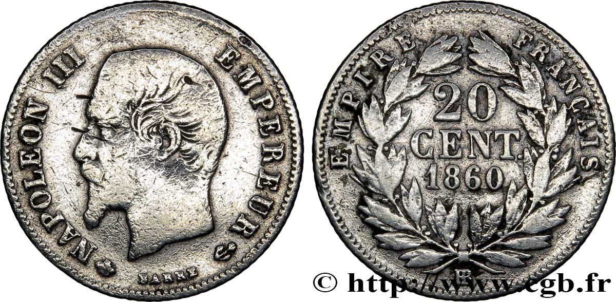 20 centimes Napoléon III, tête nue 1860 Strasbourg F.148/16 MB18 