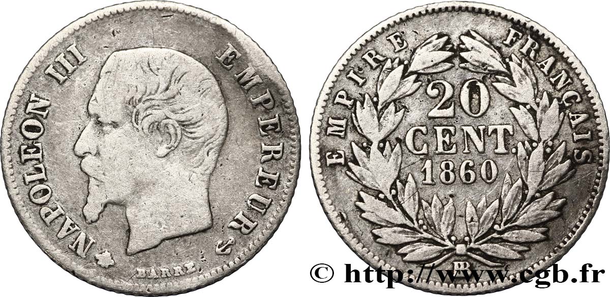 20 centimes Napoléon III, tête nue 1860 Strasbourg F.148/16 BC18 
