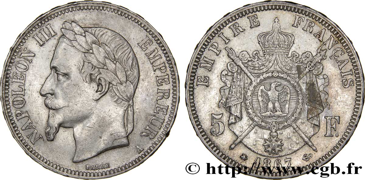 5 francs Napoléon III, tête laurée 1867 Paris F.331/10 TTB50 