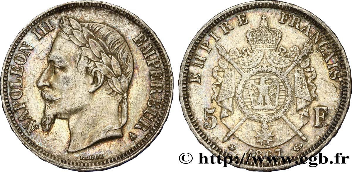 5 francs Napoléon III, tête laurée 1867 Paris F.331/10 SS50 