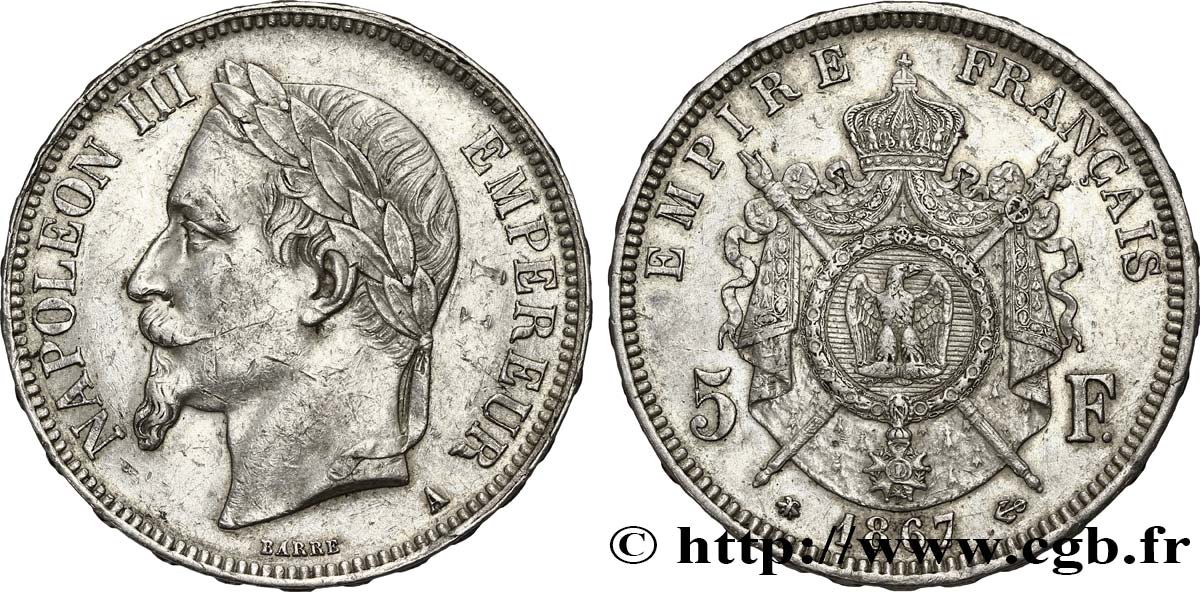 5 francs Napoléon III, tête laurée 1867 Paris F.331/10 AU50 