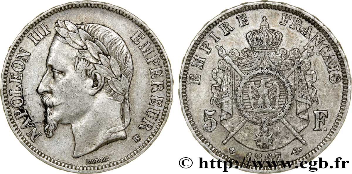 5 francs Napoléon III, tête laurée 1867 Strasbourg F.331/11 AU50 