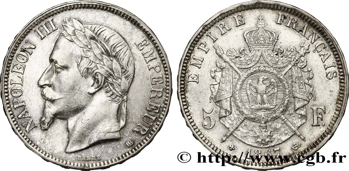 5 francs Napoléon III, tête laurée 1867 Strasbourg F.331/11 TTB50 