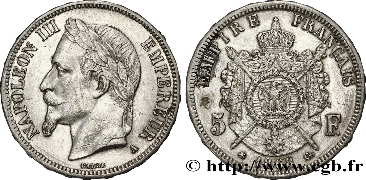 5 francs Napoléon III, tête laurée 1868 Paris F.331/12 AU50 