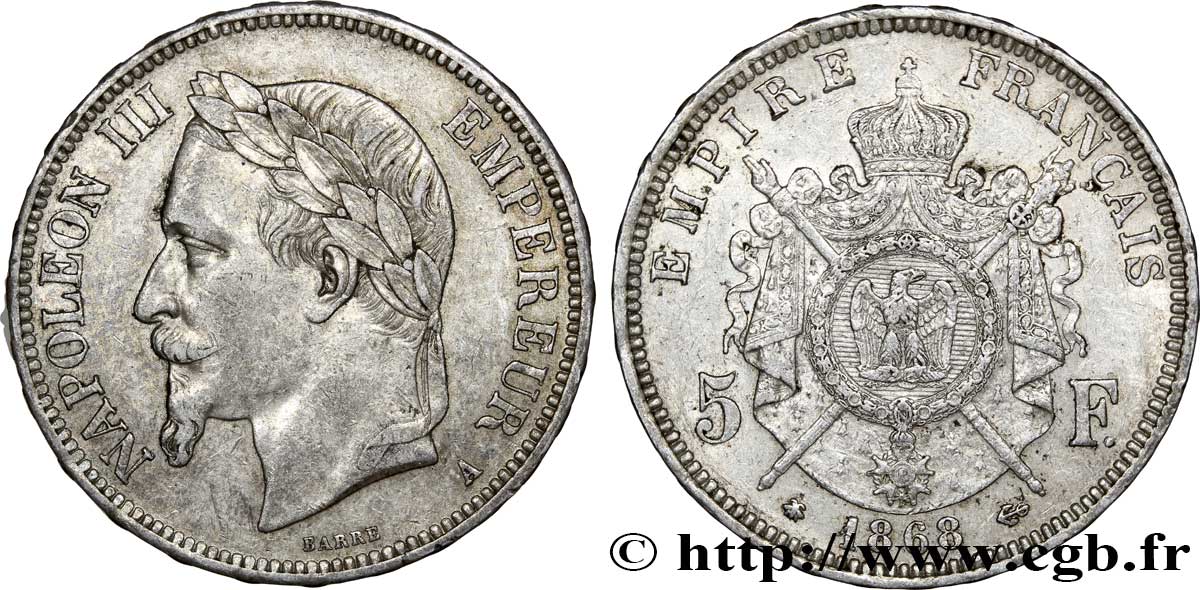 5 francs Napoléon III, tête laurée 1868 Paris F.331/12 BB50 