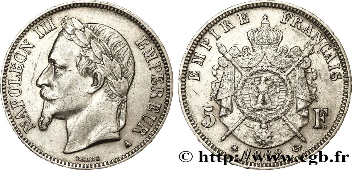 5 francs Napoléon III, tête laurée 1868 Paris F.331/12 SS50 