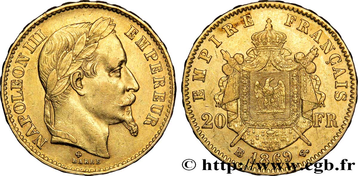 20 francs or Napoléon III, tête laurée, petit BB 1869 Strasbourg F.532/21 BB45 