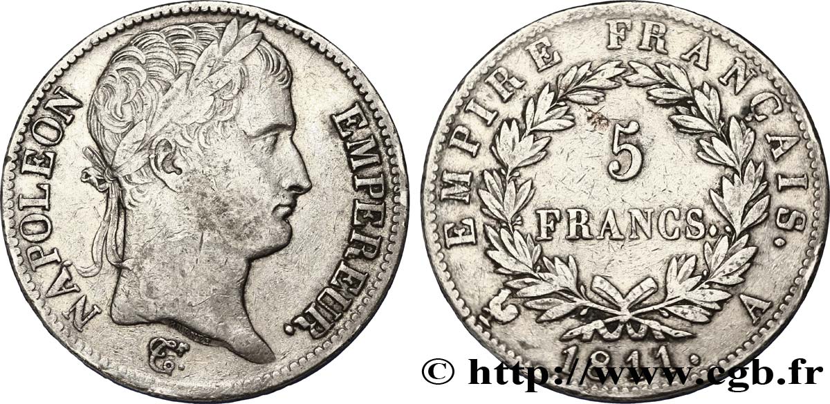 5 francs Napoléon Empereur, Empire français 1811 Paris F.307/27 MBC40 
