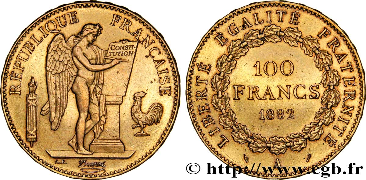 100 francs or Génie, tranche inscrite en relief Dieu protège la France 1882 Paris F.552/5 BB50 
