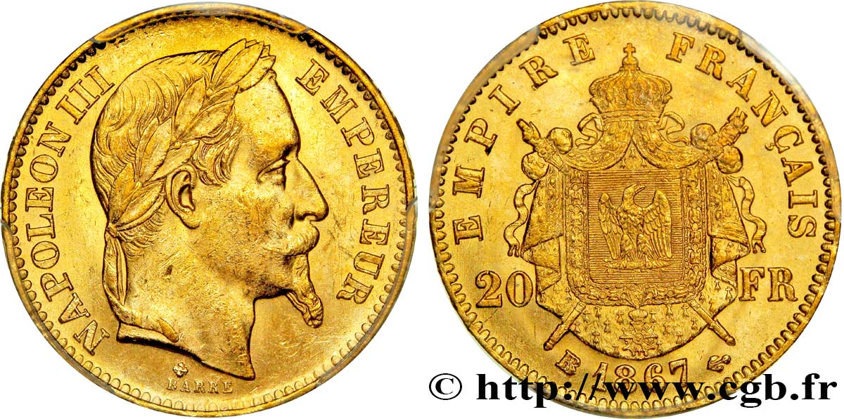 20 francs or Napoléon III, tête laurée 1867 Strasbourg F.532/17 SUP60 