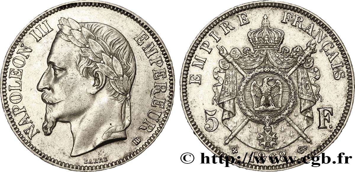 5 francs Napoléon III, tête laurée 1868 Strasbourg F.331/13 SS50 