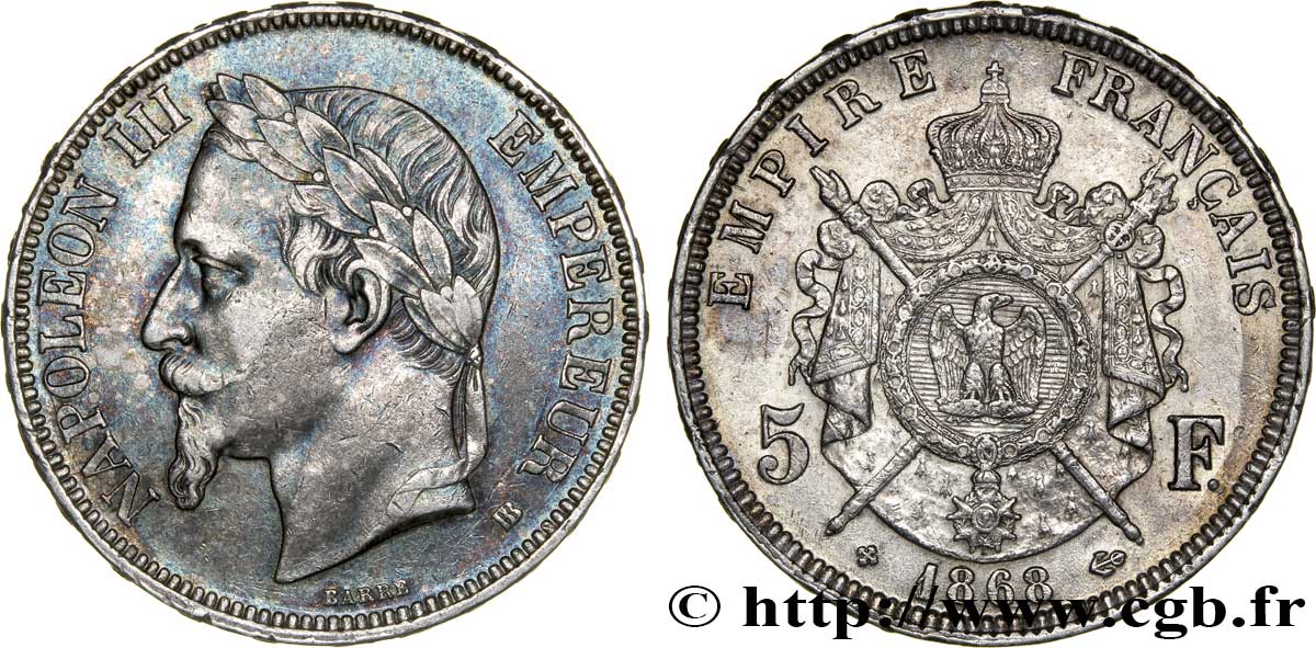 5 francs Napoléon III, tête laurée 1868 Strasbourg F.331/13 AU50 