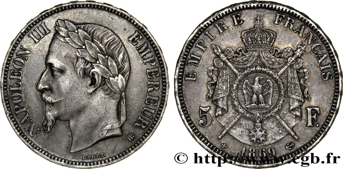 5 francs Napoléon III, tête laurée 1869 Strasbourg F.331/15 AU50 