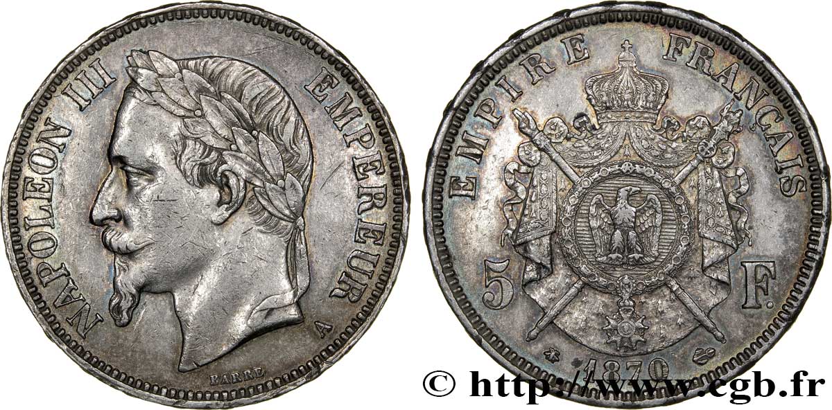 5 francs Napoléon III, tête laurée 1870 Paris F.331/16 BB50 