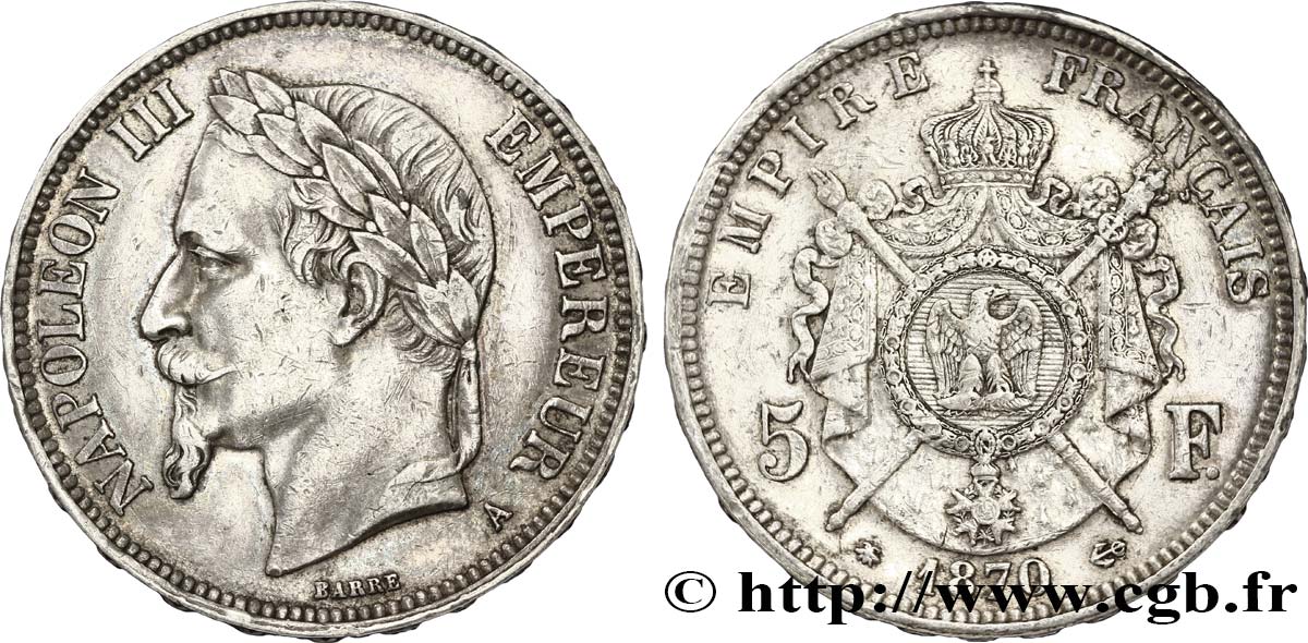 5 francs Napoléon III, tête laurée 1870 Paris F.331/16 SS50 