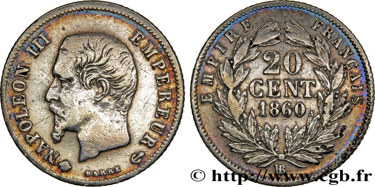 20 centimes Napoléon III, tête nue 1860 Strasbourg F.148/16 TB35 