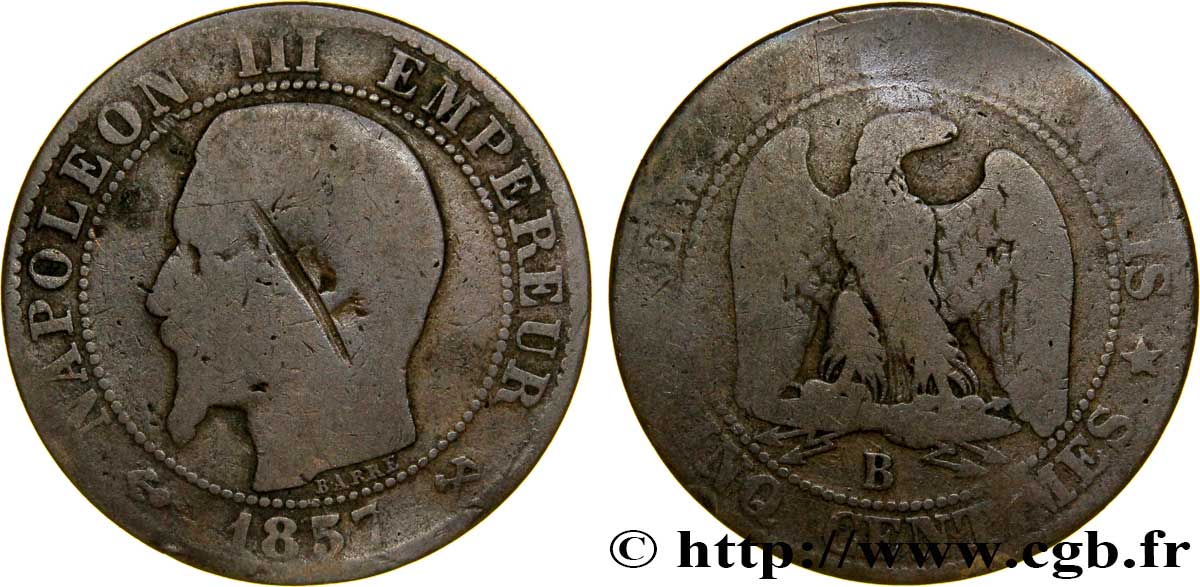 Cinq centimes Napoléon III, tête nue 1857 Rouen F.116/38 B6 