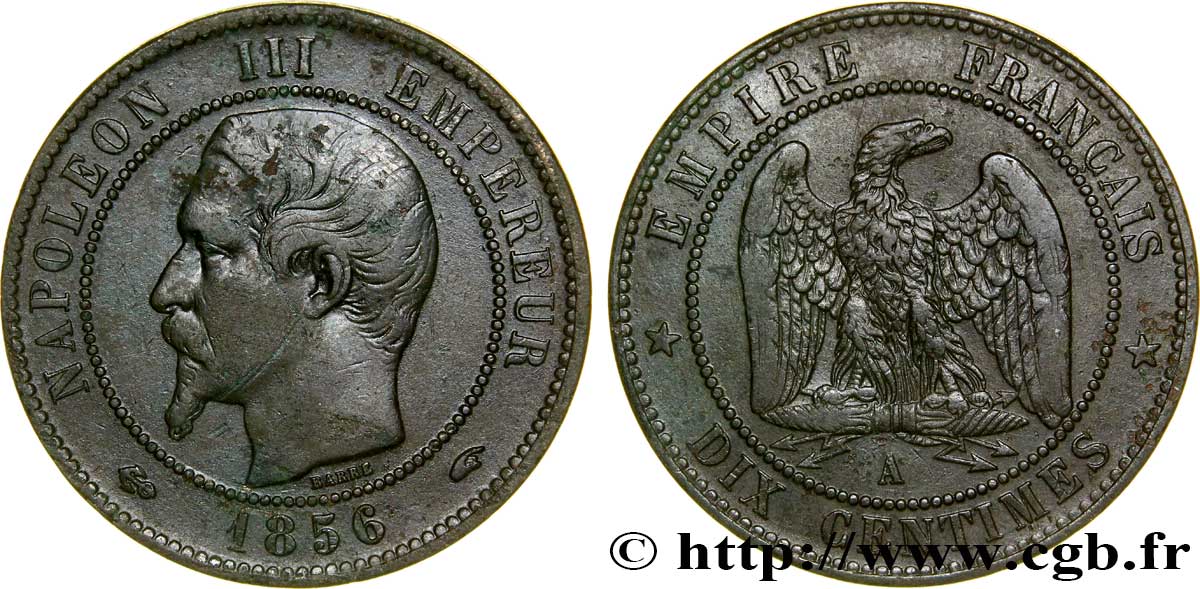 Dix centimes Napoléon III, tête nue 1856 Paris F.133/34 VF35 