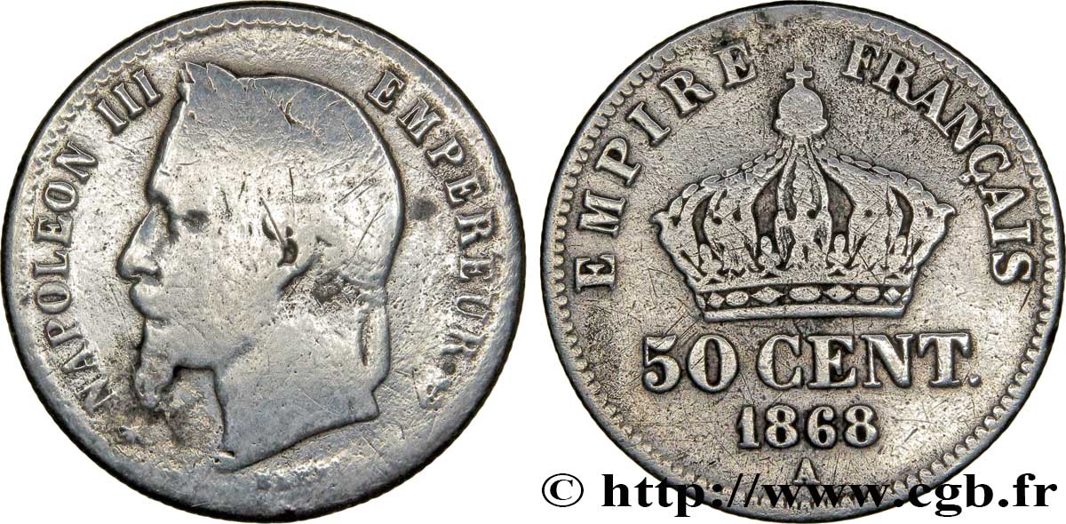50 centimes Napoléon III, tête laurée 1868 Paris F.188/20 B12 