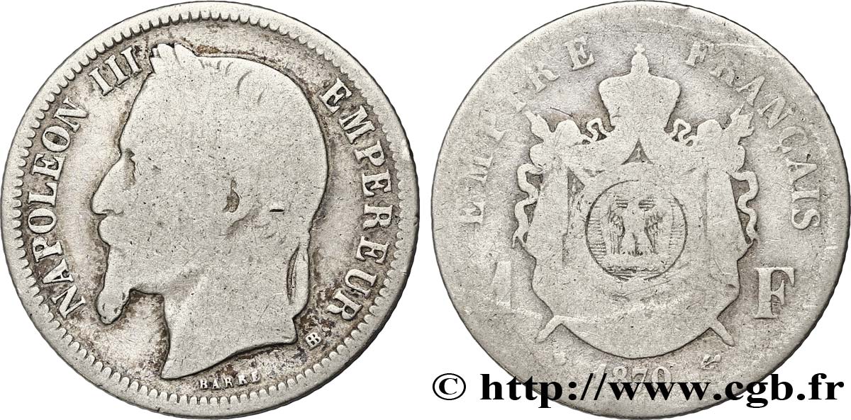 1 franc Napoléon III, tête laurée 1870 Strasbourg F.215/16 VG10 