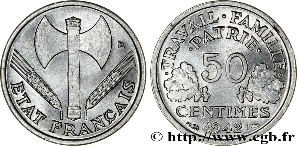 50 centimes Francisque, lourde 1942  F.195/3 SPL63 