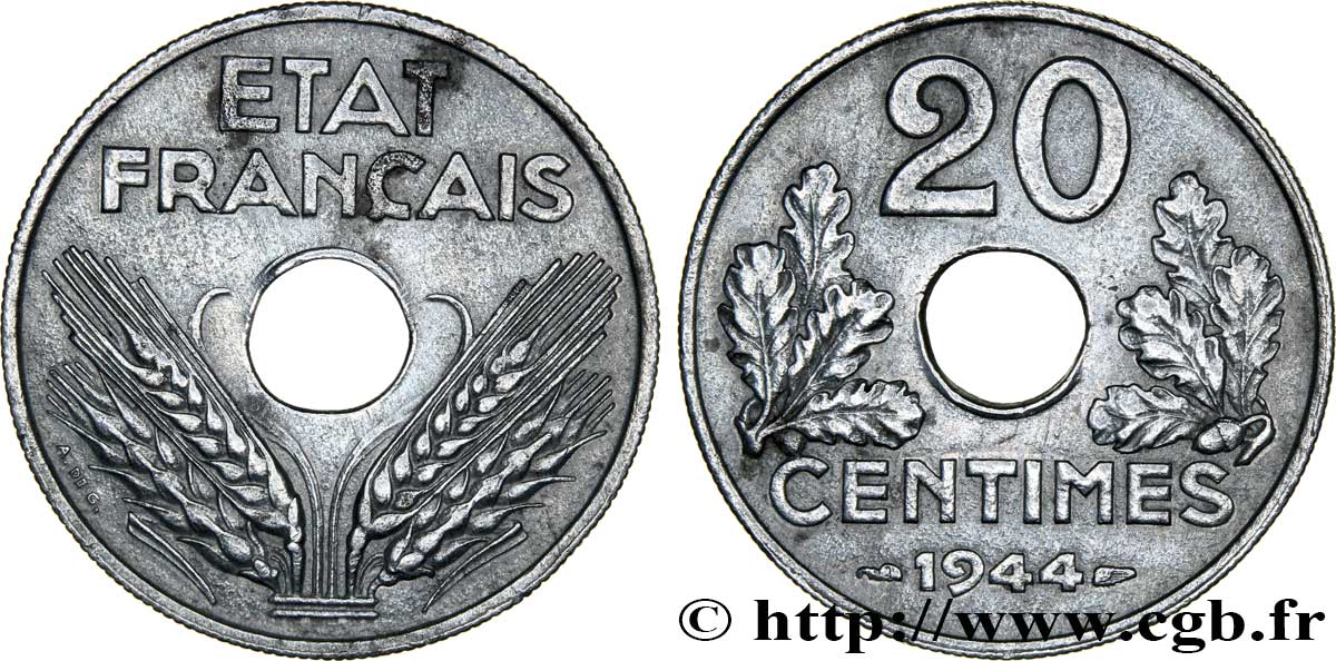 20 centimes État français, légère 1944  F.153A/2 MBC52 