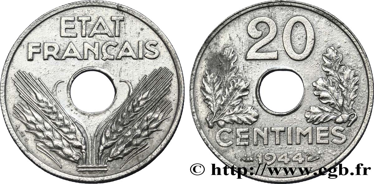 20 centimes État français, légère 1944  F.153A/2 AU52 