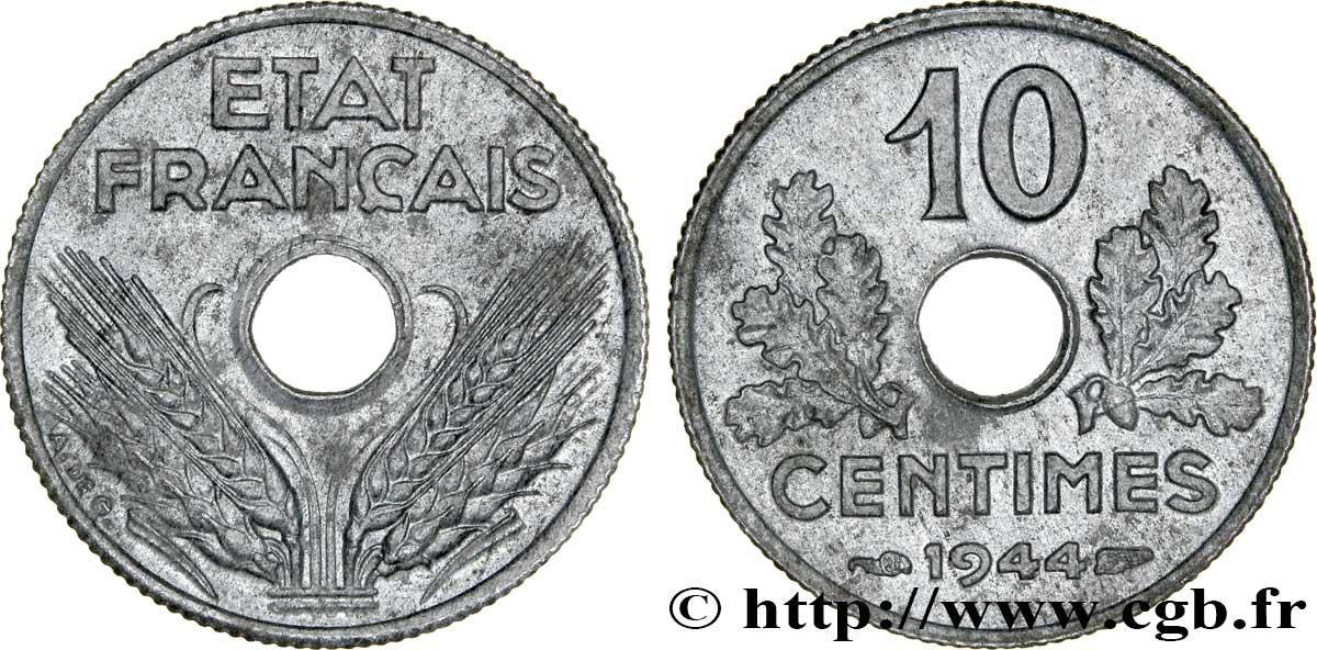 10 centimes État français, petit module 1944  F.142/3 SPL60 